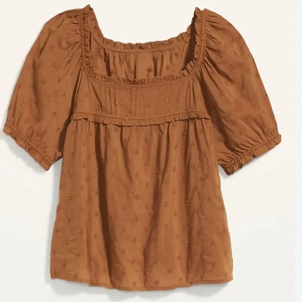 Old Navy brown square neck embroidered puff sleeve top M